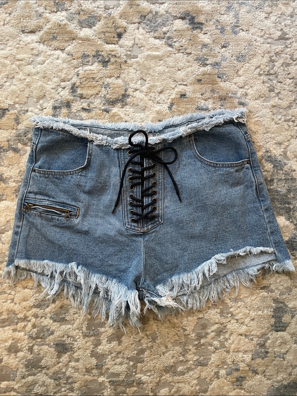 Lioness Distressed Lace-Up Denim Jean Shorts - Blue
